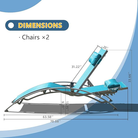 Domi Pool Lounge Chairs Set of 2, Aluminum Adjustable Outdoor Chaise Lounge, All Weather Poolside Chairs for Deck Lawn Poolside, Textilene (Turquoise Blue)