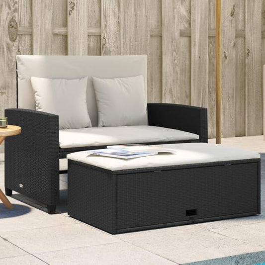 vidaXL Patio Sofa 2-Seater Garden Bench Storage Bed - PE Rattan, Black/Cream, UV-, Outdoor Lounge, 45.3"x29.5"x35.8"
