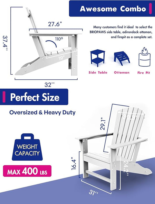 BRIOPAWS Adirondack-Chairs-Set of 6 | Fire Pit Chair | Oversized | HDPE Plastic | Weather Resistant | for Deck Outdoor Poolside Campfire | White