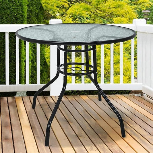 32in Outdoor Table Patio Dining Table Outdoor Dining Table with Umbrella Hole Round Tempered Glass for Yard Bistro Lawn Balcony (Black, Round 31x31x28in)