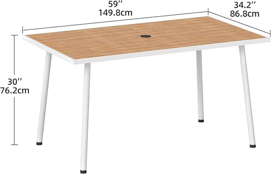 DWVO Outdoor Patio Dining Table Rectangular for 6, PE Rattan and Wood Finish Patio Table 59.1" L with Umbrella Hole, Steel Frame, Adjustable Legs, Weather-Resistant Garden Table