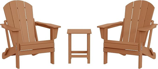 WestinTrends Malibu 3-Pieces Adirondack Chairs Set with Side Table, All Weather Outdoor Seating Plastic Patio Lawn Chair Folding for Outside Porch Deck Backyard, Teak