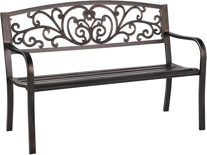 Patio Garden Bench Outdoor Metal Bench Park Yard Furniture Cast Iron Loveseats with Armrests for Porch Backyard Lawn Deck