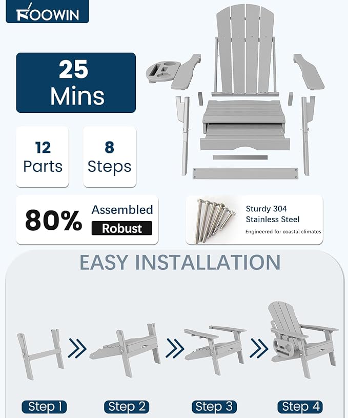 FOOWIN Folding Adjustable Adirondack Chair with Retractable Ottoman Set of 8, HDPE Adirondack Chair w/4 in 1 Cup Holder Trays,All-Weather Resistant Fire Pit Chair for Outdoor Patio Lawn, White Grey