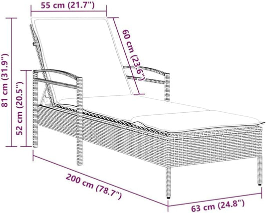 PE Rattan Adjustable Sun Lounger with Navy Cushion 24.8"x78.7"x31.9", Gray Outdoor Chaise Lounge for Patio Poolside Garden or Beach Relaxation