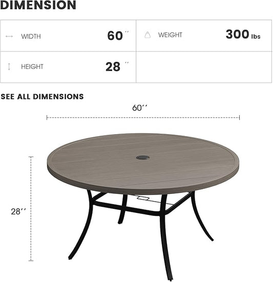 Patio Dining Table for 8-10, Round Metal Outdoor Table with 1.57" Umbrella Hole, 60" Outdoor Slat Tabletop Dining Table for Backyard, Porch, Lawn, Grey
