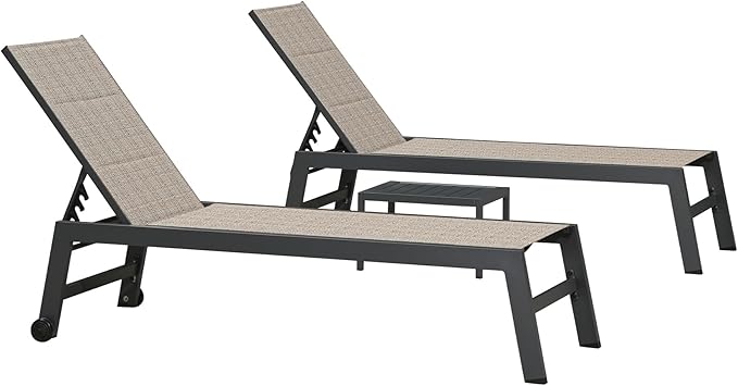 PURPLE LEAF Outdoor Chaise Lounge Set of 4 Aluminum Patio Lounge Chair with Wheels and Side Table Pool Chaise Lounge Chair for Outdoor Backyard Poolside Camel (4 Lounges Chairs W/Table)