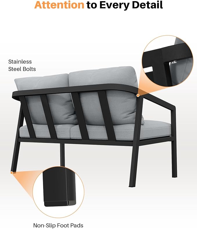 Outdoor Patio Loveseat, Never-Rust Aluminum Outdoor Loveseat Couch with Thick Cushions, Modern 2-Seater Patio Sofa Bench, Outdoor Sofa Loveseat Furniture for Backyard, Garden, Black | Never-Rust, Wraparound Design, Removable Cushions