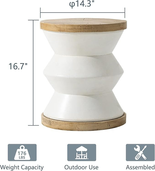COSIEST White Outdoor Side Table, Round MgO Concrete End Patio Side Table, Lightweight Cylinder Top Plant Stand with Rotund Base for Garden and Deck
