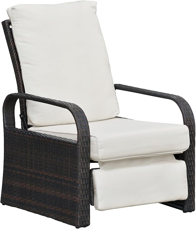 ATR ART TO REAL Outdoor Wicker Recliner Chair with 5.5'' Cushions, Automatic Adjustable Patio Lounge Chairs, Aluminum Frame Reclining Chair for Lawn Backyard Porch Poolside Deck (Beige)