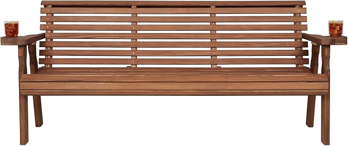 Amish Casual Heavy Duty 6 Foot Pressure Treated Outdoor Garden Bench in Oak Stain with Cup Holders - Amish Crafted Roll Back Design, 700 Lb Weight Capacity