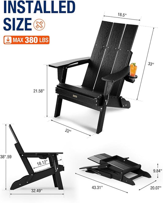 Adirondack Chair with Cup Holder: Folding Adirondack Chairs Plastic HDPE Material Furniture - Modern Composite Fire Pit Chairs Foldable for Outdoor/Backyard/Garden/Lawn/Deck/Porch/Patio