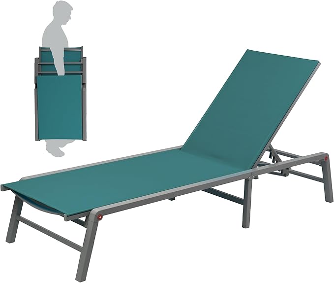 Kozyard Outdoor Foldable Lounge Chair, Aluminum Frame Patio Lounger with 5-Position Adjustable Backrest, Breathable Textilene Fabric, Assemble-Free, Reclining Full-Flat Poolside(MintGreen, No Table)
