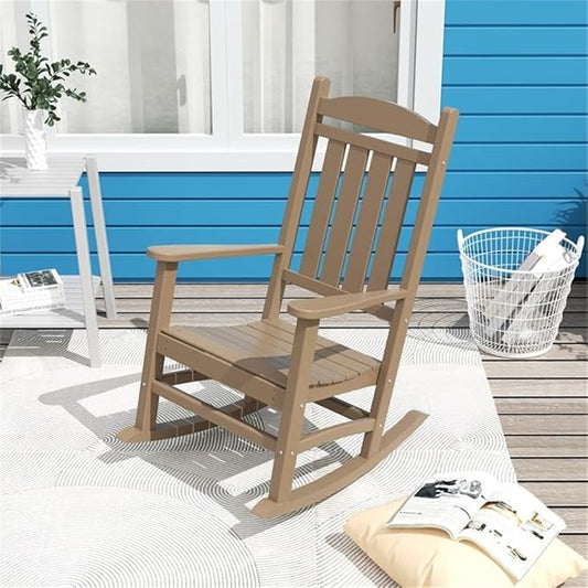Costaelm Oversized Outdoor Rocking Chair, High Back Porch Rocker Chair, HDPE All Weather Resistant Outdoor Seating Furniture Wide Rocker Chair for Patio, Lawn, Garden, Weathered Wood