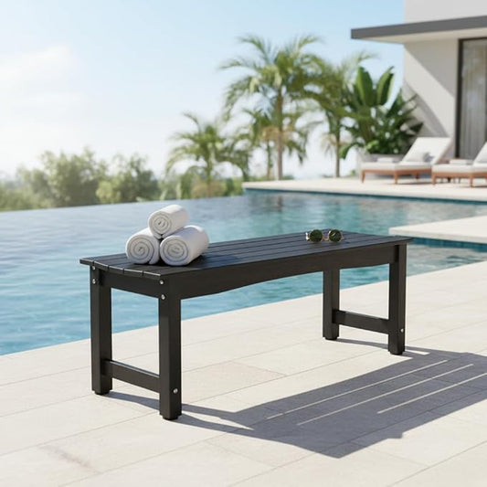 Weatherproof HIPS Outdoor Bench, 2-Person Patio Dining Bench, All-Weather Poly Lumber Garden Bench, Never Rot or Fade, Park Bench with Wood Grains for Porch, Garden, Deck, Entryway, Black