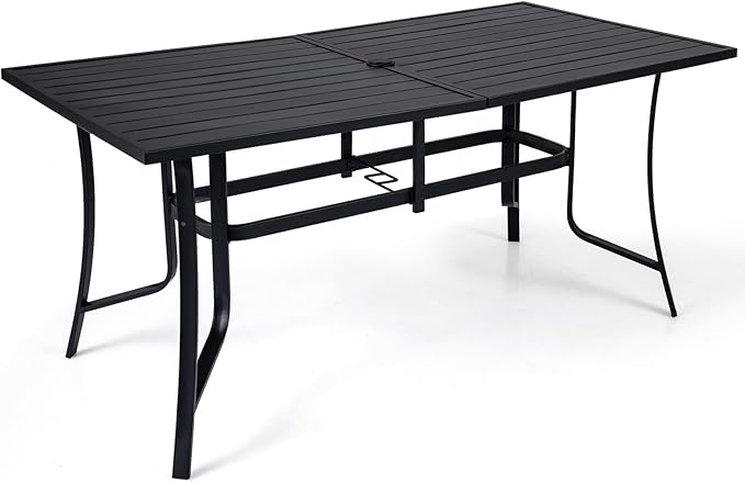 Tangkula 66" x 33" Metal Patio Dining Table for 6, Rectangle Heavy Duty Outdoor Dining Table with Umbrella Hole, 6-Person Outside Dining Furniture for Porch, Garden, Balcony and Backyard