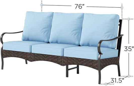 PHI VILLA Wicker & Metal Outdoor Patio Couch,3-Seat Patio Sofa with Deep Seating for Front Porch, Deck, Balcony, Backyard, Sunroom,Blue