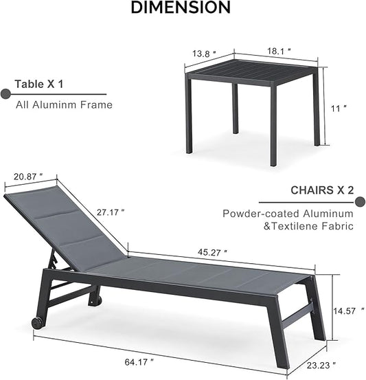 PURPLE LEAF Outdoor Chaise Lounge Set of 4 Aluminum Lounger with Wheels and Side Tables Recliner Chair for Backyard Poolside Grey Patio Lounge Chair