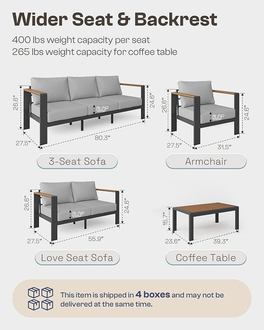 Aluminum Outdoor Patio Coffee Table, All-Weather Patio Coffee Tables for Outside with PS Wood-Like Table Top, Modern Rectangle Coffee Table for Porch, Balcony, Deck, Yard, Black