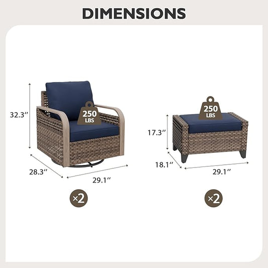 EAGLE PEAK Modern Wicker Outdoor Glider Rocking Chair, Swivel Rocker, Rattan Patio Furniture for Yard Deck Porch Garden, 2 Chairs 2 Ottomans, 4 Piece, Brown/Blue
