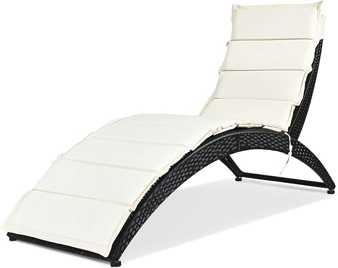 Tangkula Foldable Patio Lounge Chair, Outdoor Rattan Lounger Chaise, Portable Patio Chaise with Cushion, All-Weather Wicker Furniture for Garden Lawn Balcony Backyard Poolside (1, Beige)