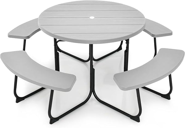 Round Picnic Table for Outdoors, 8 Person Outdoor Picnic Tables & Benches Set with Umbrella Hole - Photo 1