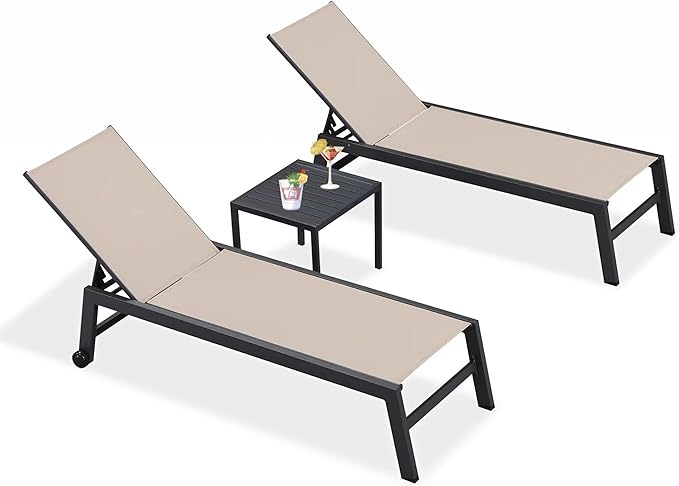 PURPLE LEAF Outdoor Chaise Lounge with Wheels for Outside 2 Pieces Aluminum Patio Lounge Chair with 5 Adjustable Position Recliner for Patio, Beach, Yard, Pool, Side Table Included, Beige