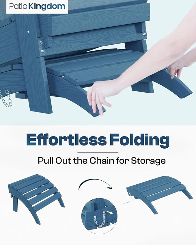 Folding Adirondack Ottoman Footrest, HDPE Plastic Outdoor Footstool No Assembly Required, All-Weather Foldable Ottoman for Adirondack Chair, Patio, Lawn, Garden, Deck, Poolside, Fire Pit, Blue