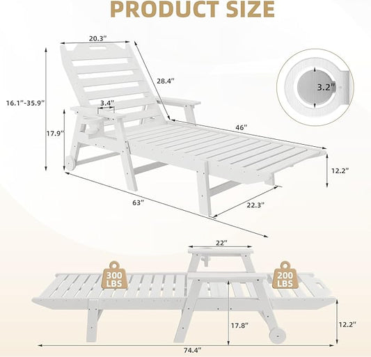 Mdeam 6-Position Lounge Chair Outdoor, 22" W Oversized Sun Tanning Chair, 500LBS Capacity, HDPE All-Weather Patio Lounge Chaise with Wheels Cup Holder for Pool Beach Backyard Lawn Deck, White