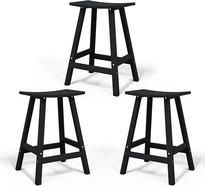 Costaelm All-Weather Bar Stools Set of 3, 29" Height Outdoor Bar Stools, Adirondack Poly Patio Bar Stool for Patio, Deck, Kitchen Counter and Garden, Black