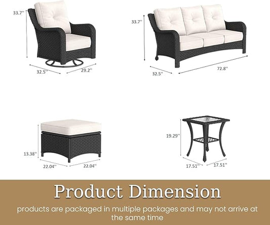 7 Piece Patio Furniture Set, All-Weather Wicker Outdoor Conversation Set with Swivel Rocking Chair and 6 Inch Thick Cushions