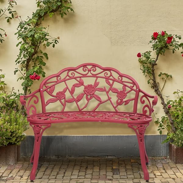Red Patio Outdoor Park Loveseat Floral Bench for Garden Porch Deck Lawn Porch Path Yard Decor Made Cast Iron Anti-Rust Aluminum Metal, 2-3 Seater (Red Rose)