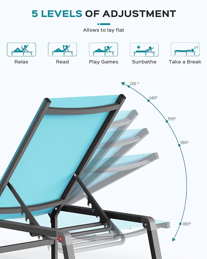 Patio Chaise Lounge Chair Set of 4, Foldable Lounge Chair for Outside, Aluminum Chairs with 5 Adjustable Backrest, Outdoor Pool Lounger for Poolside, Lawn, Patio, Lake Blue