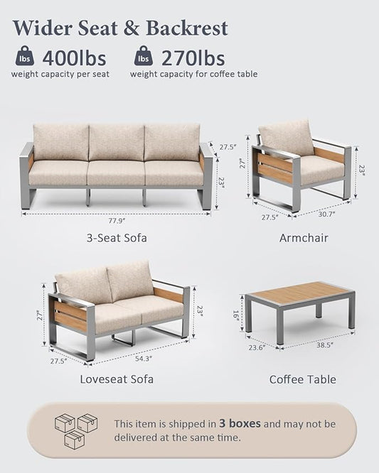 ZANDOR Aluminum Outdoor Patio Furniture - 1 Pcs 3-Seat and Coffee Table, All-Weather Metal Modern Outside Furniture with Washable Thick Cushion for Garden/Backyard/Porch, Silver