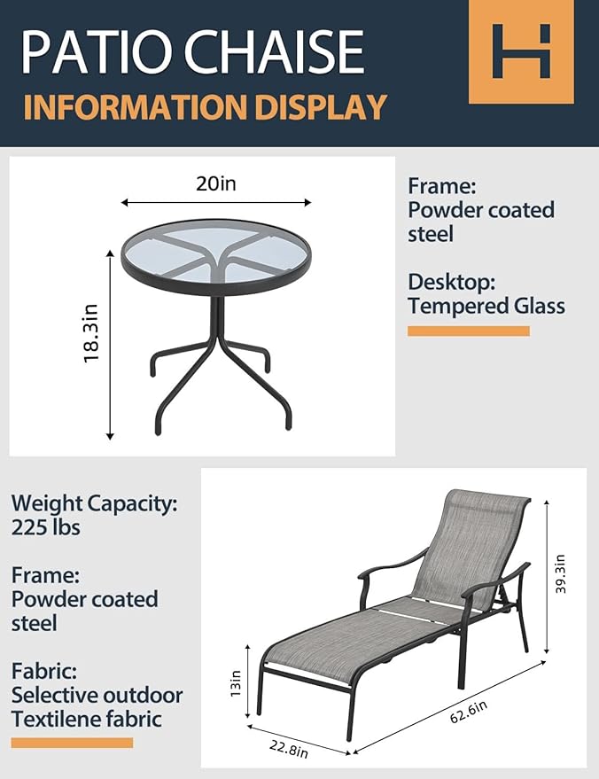 HAPPATIO Patio Chaise Lounge Set 3 Pieces,Patio Lounge Chair with Glass Coffee Table,Pool Lounge Chair with Breathable Textilene Fabric,Patio Chaise Lounge for Patio Backyard Poolside(Gray)