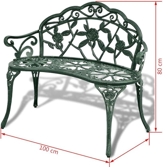 Cast Aluminum and Cast Iron Garden Bench with Floral Pattern in Green Finish, 39.4 Inch Durable Outdoor Seating for Patio and Backyard, Comfortable Armrests and Easy