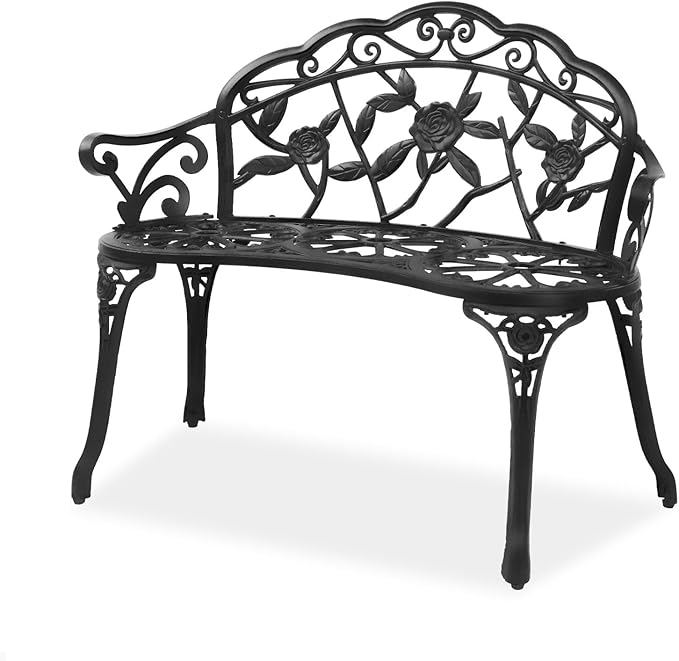 38.5" Outdoor Bench,Metal Outside Benches for Garden,Patio,Front Porch, Park, Yard, with Armrest and Backrest,Weather Resistant,Aluminum Seat,Iron Legs,Support up to 300lbs,Black