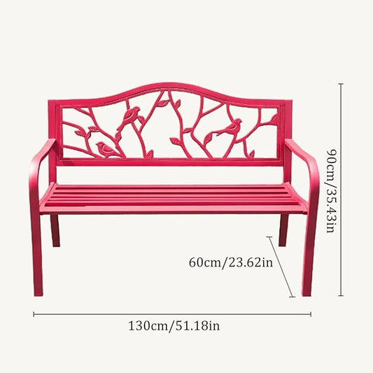 51.18" Outdoor Bench with Flower Pattern Backrest & Arch Legs, Cast Iron Metal Garden Bench Sturdy Steel Frame Patio Bench Slatted Seat, for Work Entryway Park Porch Lawn Yard