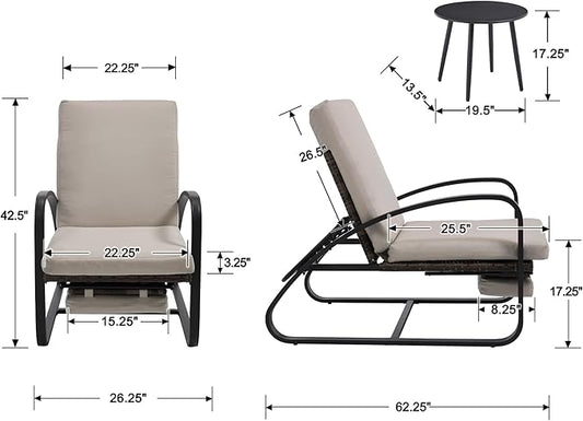 3 Piece Patio Furniture Set, Modern Patio Chaise Lounge Chairs, 5-Position Adjustable Bistro Set Balcony Furniture, Metal Patio Chairs with Coffee Table, Pool Lounge Chair for Deck, Khaki