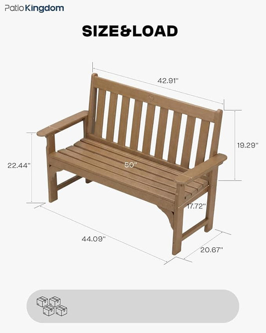 HDPE Garden Bench, All Weather 2-Person Outdoor Benches, Rust Free & Fade Resistant Patio Benches for Garden, Porch, Backyard, Deck, Lawn, Balcony, Poolside (Teak, 1 Beach)