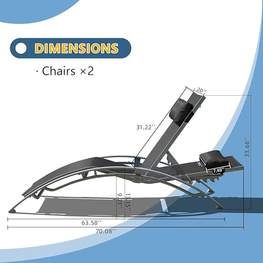 Domi Pool Lounge Chairs Set of 2, Aluminum Adjustable Outdoor Chaise Lounge, All Weather Poolside Chairs for Deck Lawn Poolside, Textilene (Dark Grey)
