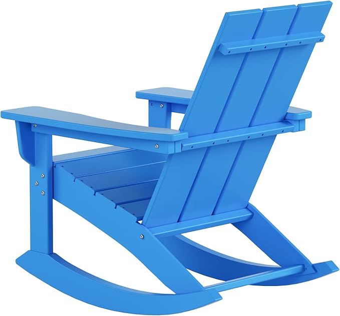 WestinTrends Ashore Patio Rocking Chair, All Weather Poly Lumber Plank Adirondack Rocker Chair, Modern Farmhouse Outdoor Rocking Chairs for Porch Garden Backyard and Indoor, Pacific Blue