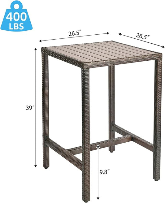 Outdoor Bar Table Patio Bar Height Bistro Table 39" Tall Outdoor High Top Square Pub Patio Table Wicker Rattan Metal Dinning Bar Table with Adjustable Feet for Balcony Outside Pool Deck Backyard Brown