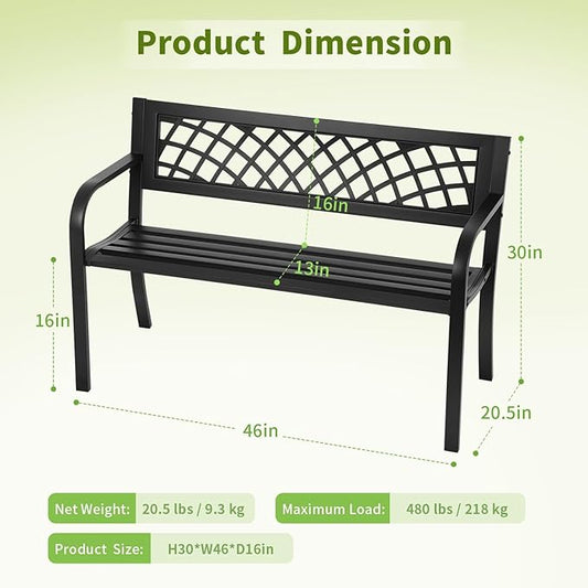 Outdoor Garden Bench, 2-Person Metal Patio Bench with Rust-Resistant Steel Frame & Mesh Pattern Plastic Backrest/Armrests, Black for Lawn Yard Porch Entryway Park