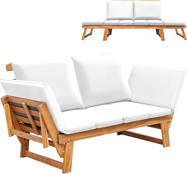 Greesum Patio Convertible Couch Sofa Bed with Adjustable Armrest, Acacia Wood Outdoor Daybed with Cushion & Pillow, Folding Chaise Lounge Bench for Porch Courtyard Poolside,White