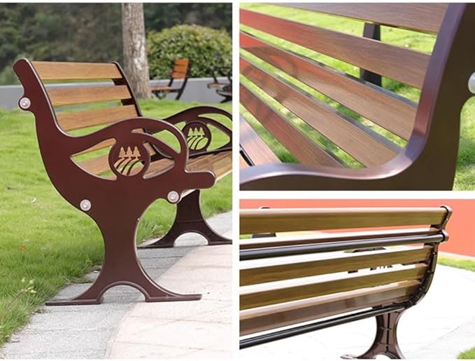 LITFAD Outdoor Bench Modern Park Bench with Corrosion Resistant Metal Frame, Dark Brown Wooden Seating with Backrest, Garden Bench for Patio, Lawn, Yard, Porch - Type E, 47.2" L x 21.5" W x 29.5" H