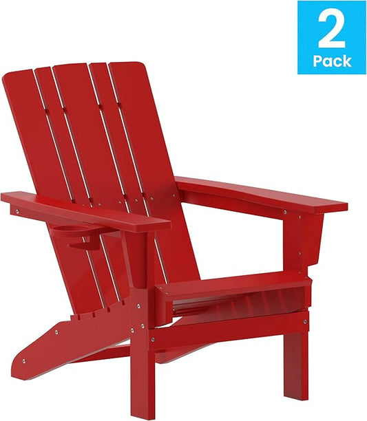 Flash Furniture Halifax Adirondack Chairs with Cup Holders, Weather Resistant Poly Resin Adirondack Chairs, Set of 2, Red