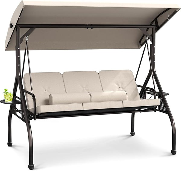 3 Seat Outdoor Porch Swing Chair, Adjustable Canopy Swing Bench, Convertible Backrest Swing Bed with Thicken Cushions - Photo 1