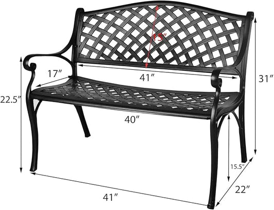 Outdoor Patio Garden Bench All-Weather Cast Aluminum Loveseats Park Yard Furniture Porch Chair for Patio Park Path Yard Lawn Work Entryway Decor Deck (Black)