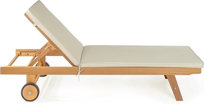 JONATHAN Y LNG1000E Mallorca 77.56"x23.62" Modern Classic Adjustable Acacia Wood Chaise Outdoor Lounge Chair with Cushion & Wheels Coastal, Bohemian, Minimalist, Traditional, Light Gray/Natural